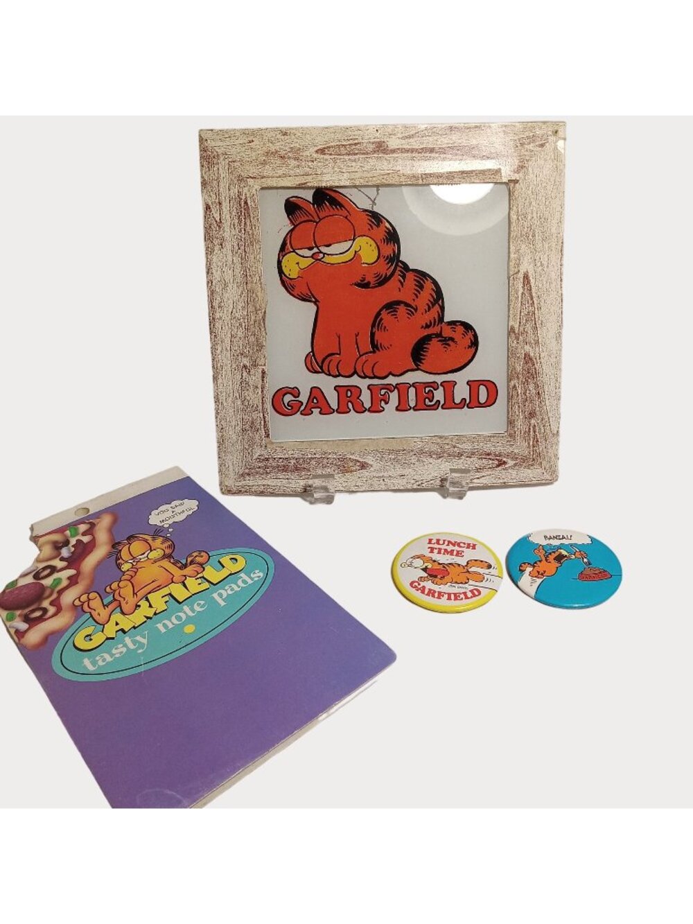 Vintage Garfield Collectibles Lot Set Note Pad Pins Framed Wall Art Carnival NOS